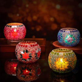 4pcs Mosaic Glass Diwali Tealight Candle Holder - 2.2'' x 2.4'' Diwali Diyas Decorations for Return Gifts Home Table Centerpiece Mandir Indian Hindu Pooja Puja Party Festival