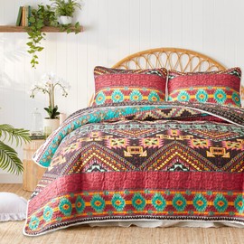 2 Pieces Colorful Bohemian Quilt Set Twin Size, Burgundy n Brown Boho Striped Printed Bedding Bedspread Coverlet Set for Summer, Soft Lightweight Microfiber Quilt with 1 Sham (68x86 inces)