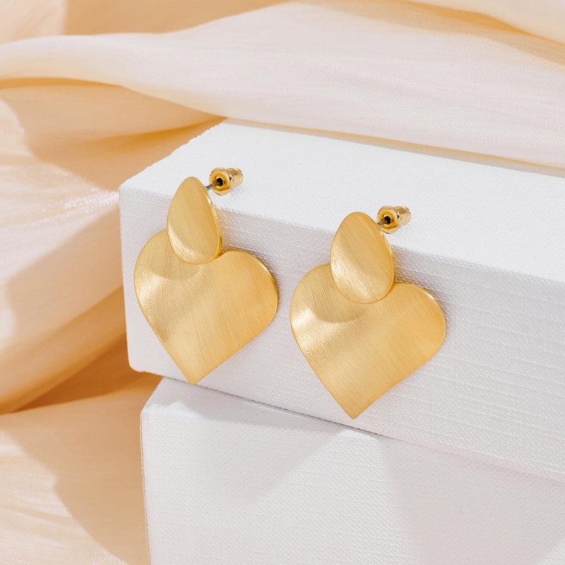 Gold Dangle Earrings with Brushed Finished Twisted Heart Shape Push