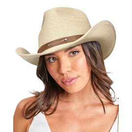 FURTALK Straw Cowboy Sun Hats for Women Men Western Cowgirl Hats with Wind Lanyard UPF 80+ Beach Hat Beige