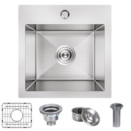 15x15x9 inch Drop in Bar Sink, 18 Gauge Single Bowl Stainless Steel Small Bar Sink with Basket Strainer Drain & Bottom Grid