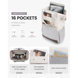 LOVEVOOK Laptop Backpack for Women, 15.6 Inch Work Laptop Bag with USB Port, Fashion Teacher Nurse Backpack Purse, Waterproof Travel Computer Backpack with Organizer Bag, 2PCS, Beige-Light Grey