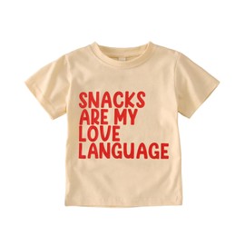 GLIGLITTR Toddler Girl Boy Valentines Shirt Snacks are My Love Language Funny Cute Letter Kids T-Shirts Graphic Outfit(Beige,12-18M)