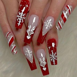 Christmas Press on Nails Snowflake Long Coffin Fake Nails Full Cover Acrylic Artificial Nails Red French Tip False Nails with Glitter Design Winter Glossy Stick on Nails for Women Girls(24Pcs)