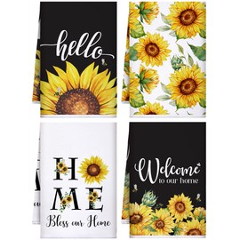 Bencailor 4 Pcs Sunflower Kitchen Towels Summer Fall Flower Floral Sea Beach Lemon Hand Dish Towels Fast Drying Decor Housewarming Gift for Cooking Kitchen Bathroom(Black,Bless)