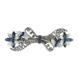 Ladies 9 cm Vintage Look Opaque Blue Grey Bow Flower & Crystal Hair Barrette