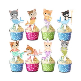 24 Pcs Mermaid Cat Cupcake Toppers for Kids Birthday Party Decorations – Cute Mercat Themed Cupcake Picks for Ocean Party, Baby Shower, and Underwater Celebration