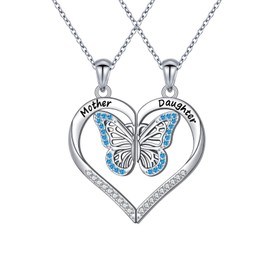 Flyow Mother's Day Gifts S925 Sterling Silver Mother Daughter Matching Pendant Necklace Heart Butterfly Matching Jewelry Birthday Gifts for Women
