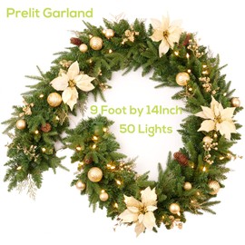 AMERZEST Pre-lit 9ft Christmas Garland with Gold Berries and Balls,Pine Cone,Golden Flower and 50 Battery Operated Soft White LED Lights with Timer,Artificial Holiday Decoration Door Outdoor