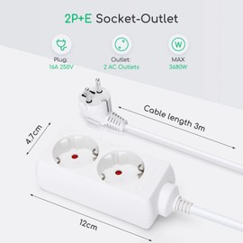 Aigostar Socket Strip 2-Way Table Socket Child Lock 3G 1.5 m㎡ 3 m Cable White