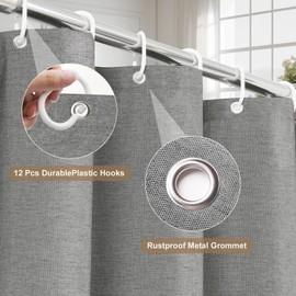UFRIDAY Gray Linen Shower Curtain Fabric Weighted Water Repellent Heavy Duty Linen Shower Curtains for Bathroom with Hooks 72 x 72 inches,Grey Natural Linen Shower Curtain