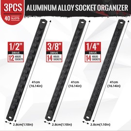 Reniteco Magnetic Socket Organizer, 3-Piece Heavty Duty Aluminum Socket Holder, Socket Rail for Tool Box, Premium Quality 360° Swivel Socket Rack Kit with 40 Clips for 1/2, 3/8, 1/4-Inch(Black)