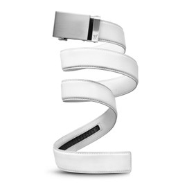 Mission Belt Cinturón de trinquete de cuero para hombre, colección de metal de 40 mm, Acero y Blanco (Steel Buckle & White Leather), L