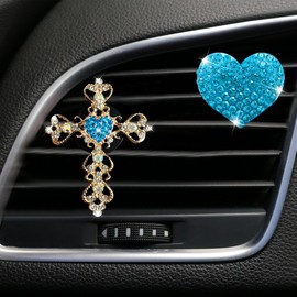 2PCS Bling Cross & Heart Car Dashboard Air Vent Trim Clip, Sparkly Rhinestone Car Air Vent Clips, Diamond Auto Diffuser Charm Clip, Auto Interior Decoration Accessory for Women Girls (Blue)