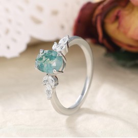 IRROYA Green Rings for Women 1.5CT Oval Cut Natural Moss Agate Ring for Engagement Vintage Gemstone Rings Platinum Plated 925 Sterling Silver CZ Rings for Women Valentine's Day Gift for Her Size 8.5