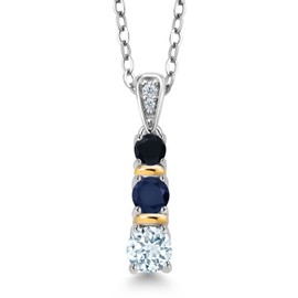 Gem Stone King 925 Silver and 10K Yellow Gold Round Sky Blue Aquamarine Blue Sapphire and Black Onyx Pendant Necklace For Women (0.57 Cttw, Gemstone March Birthstone, with 18 Inch Chain)