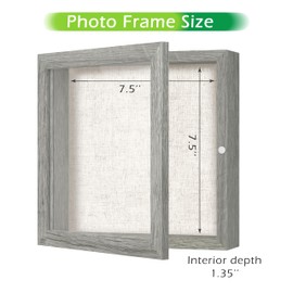 FrameWorks 8x8 Deep Shadow Box Frame, Wooden Display Case w. Linen Board & Tempered Glass Door - Grey Woodgrain - Small - Wall Mounted
