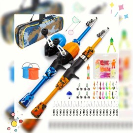 Telescopic Pmma Fishing Rod and Reel Combo for Kids Child Rod Reel Lure Frog Hook Box Bag in One SetLength: 1.5m, Color: blue and orange fishing pole kit