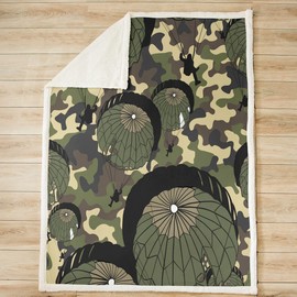 Homemissing Camouflage Sherpa Blanket Military Parachute Fleece Throw Blanket for Kids Boys Girls Camo Fuzzy Blanket for Sofa Bed Army Green Black,Double 60x79 Inch
