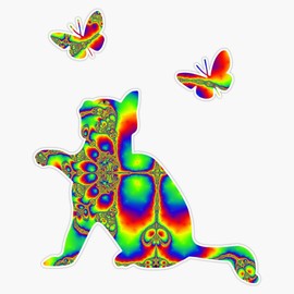 Super Psychedelic Trippy Fractal Cat Chasing Butterflies! Bumper Sticker Vinyl Decal 5"