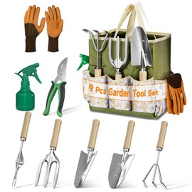 LASZOLA 9 Pcs Garden Tools Set with Tote Bag and Hand Trowel Rake Shovel, Heavy Duty Stainless Steel Gardening Kit for Outdoor Plant, Standable Portable Handbag Organizer, Ideal for Women Mom, Green