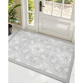 LUMI Ultra Thin Indoor Door Mat, 30x47 Front Door mat, Non Slip Washable Floral Design Floor Mats for Inside Entrance, Grey