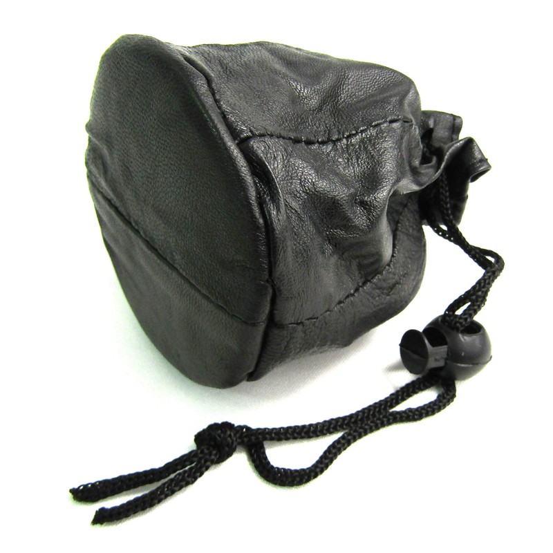 Unisex Drawstring Black Leather Pouch
