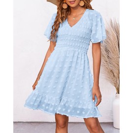 BTFBM Womens V Neck Casual Vacation Dress Short Sleeve Smocked Swiss Dot Swing Ruffle Mini Beach Summer Dresses 2025(Swiss Dot Light Blue, Large)