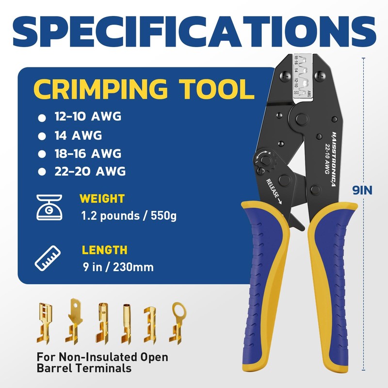 Haisstronica Crimping Tool for Non-Insulated Open Barrel Terminals Receptacles,AWG 22-10