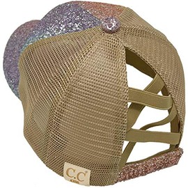 C.C Kids 2-7 Ponytail Messy Buns Ponycaps Baseball Visor Cap Hat (Criss Cross Crystal Chunky Glitter Mermaid)