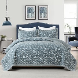 PANGUSHAN Quilt Set King Size - 100% Cotton King Comforter Set, Grayish-Blue Bedspread with 2 Pillow Shams, Floral Reversible Lightweight Bedding, King Bed Spread for All Season