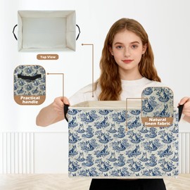 Ghoaoivo Blue and White Chinoiserie Corgi Storage Box Bins, Grandmillennial Corgi Dog Collapsible Storage Basket Organizer for Bedroom Bathroom Home Clothes Books, Decor for Room