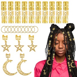Nogeqi Pack of 45 Gold Hair Accessories for Braids, Dreadlocks Jewellery, Gold Hair Rings, Loc Jewellery for Braids, Hair Piercing, Golden Hair Accessories, Festival Adjustable Cuffs, Hair Dreadlock