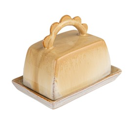 Bloomingville Stoneware Butter Dish with Scalloped Handle, Caramel