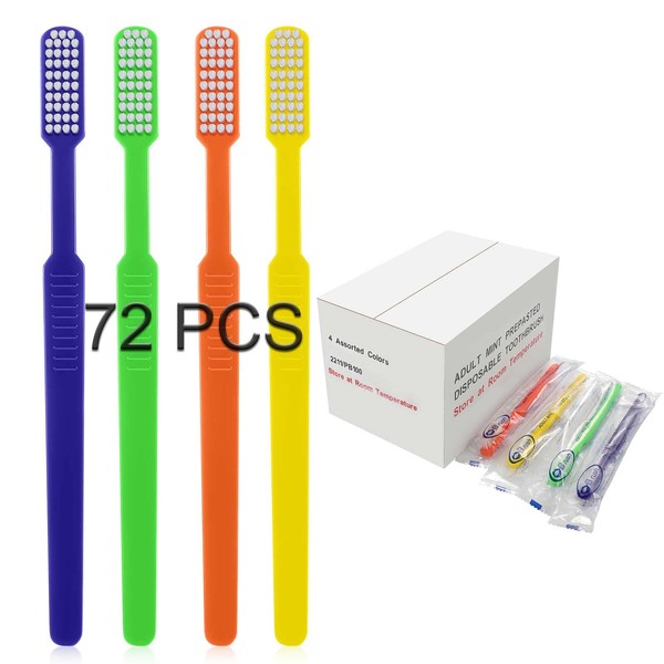 Prepasted Toothbrush Individually Wrapped - Disposable Pre-Pasted Toothbrushes, Toothpaste Integrated in Toothbrushes, Soft Medium Bristles Travel Airbnb, 4 Colors Adult Bulk Mint (72 Pcs)