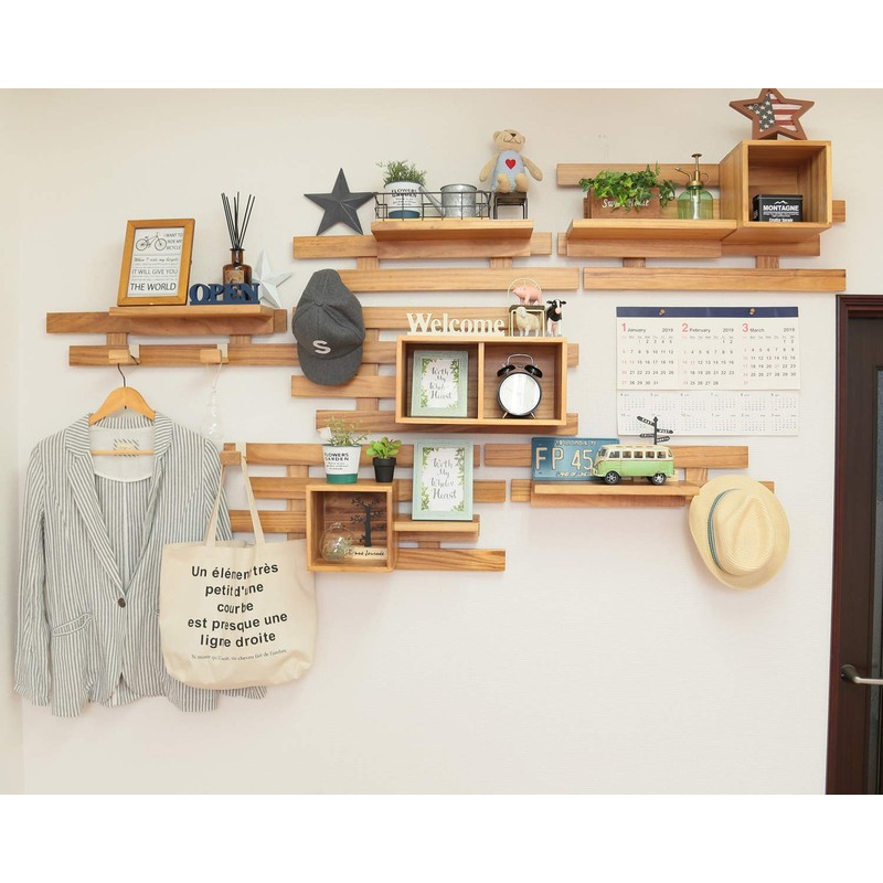 Osmack KF-103N Open Shelf, Natural, Wooden Hooks, Set of 3,