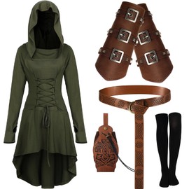 Suhine 5 Pcs Renaissance Women Costume Medieval Hooded Robe Vintage Faux Leather Arm Pouch Belt for Cosplay Party(Large,Dark Green)