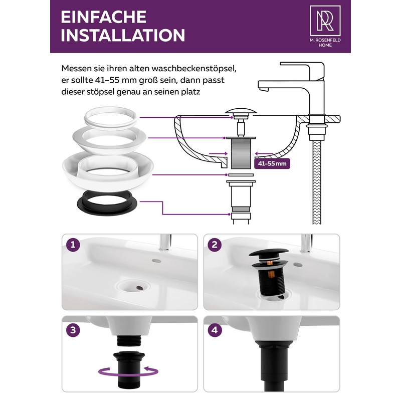 Black Sink Drain Fitting with Overflow - Pop Up Drain