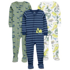 Simple Joys by Carter's Toddlers and Baby Boys' Snug-Fit Footed Cotton Pajamas, Pack of 3, Navy Stripe/Sage Green Construction/White Dinosaur, 3T
