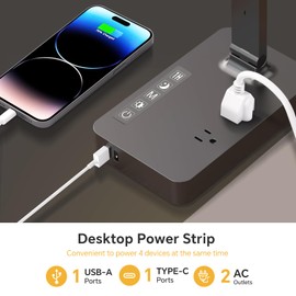 Power Strip with LED Desk Lamp: 2 Outlets 1 USB-A Ports 1 Type-C Ports 5 Modes & Color, Desk Lamp for Home Office Bedroom Bedside, Study Reading Light, Dorm Room Essentials (Black)