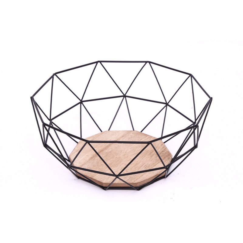 Black Geometric Metal Wire Wooden Base Decorative Storage/ Display Basket