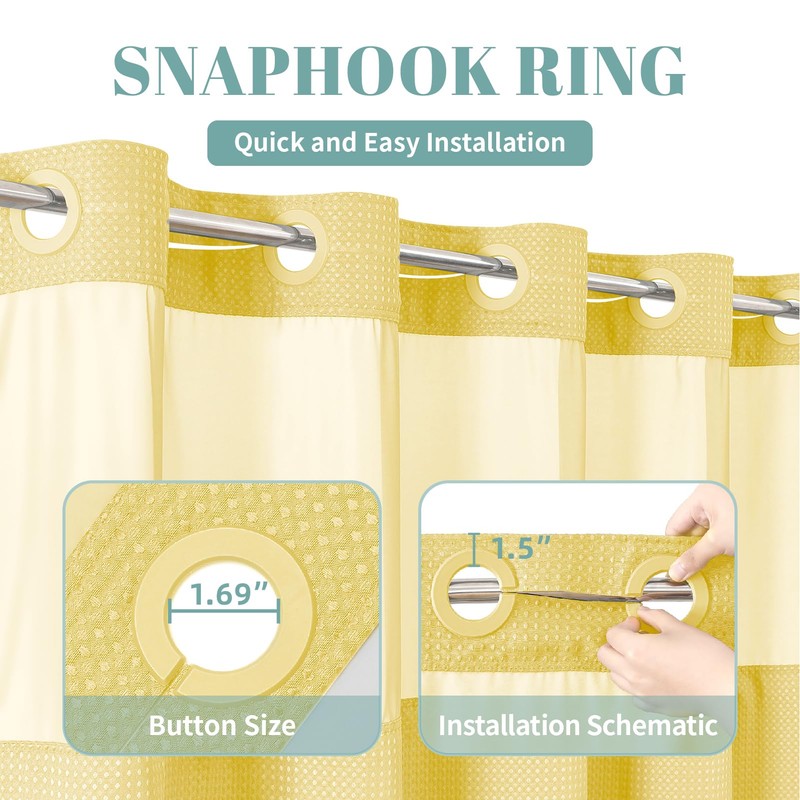 eachope Yellow No Hook Waffle Weave Shower Curtain with snap-in