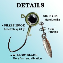 Fish Corner Crappie Jigs Underspin Jig Heads 3D Eyes Crappie Jig Heads Fishing Jig Heads for Crappie Bluegill 10 Packs 1/16oz Pumpkin-Green