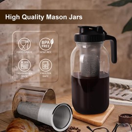 PNHYTUGY Cold Brew Coffee Maker, Mason Jar Pitcher with Stainless Steel Filter & Pour Spout Handle Lid,&Heavy Duty Glass for Iced Coffee & Tea -64 Oz（2 Quart） Black