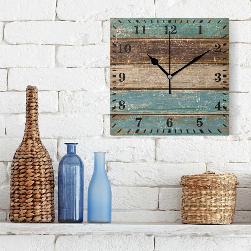 Wall Clock Teal Green Brown Retro Rustic Wood Texture Decorative