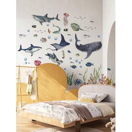 Large Watercolor Sharks Wall Decals Ocean Animal Peel and Stick Wall Sticker Under The Sea Marine Life Theme Decals Room Home Decor Party Supply (30 * 90cm, 4pcs)