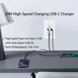 USB C Outlet, Greencycle Type C Outlet, USB Outlets Receptacles with Type A & Type C Ports, 5.8A Ultra-High-Speed USB Ports TR Duplex Receptacle with Led Indicator Wall Plate UL Listed, White 10 Pack