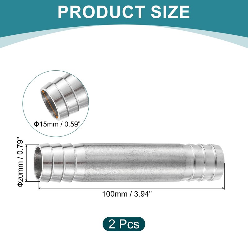 sourcing map 2Pcs 20x100mm Hose Barb Equal Pipe Fitting, 304