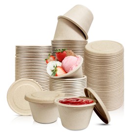 Arcccky 100 Pack 4oz Disposable Natural Bagasse Fiber Cups with Lids, Ice Cream Cups, Recycleable Paper Bowls for Sauce, Condiment, Salad Dressing, Souffle, Nuts (Brown)