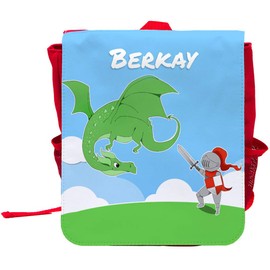 Children's Backpack with Name Berkay and Beautiful Motif with Knight and Dragon for Boys, red